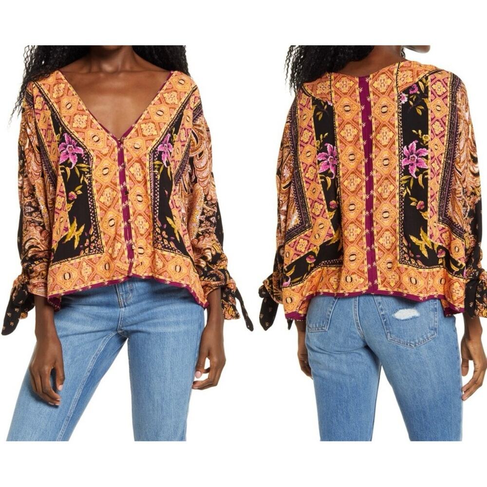 Free People Catch Me If You Can Dolman Button Front V-Neck Top Black/Orange - XS